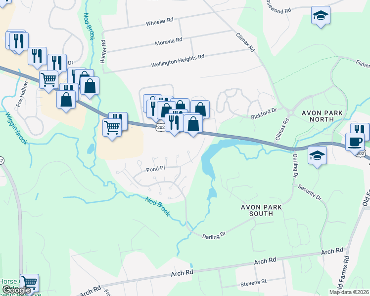map of restaurants, bars, coffee shops, grocery stores, and more near 5 Arrowhead Court in Avon