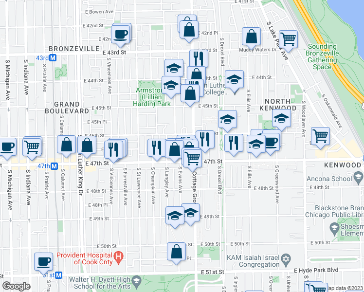 map of restaurants, bars, coffee shops, grocery stores, and more near 4625 South Evans Avenue in Chicago