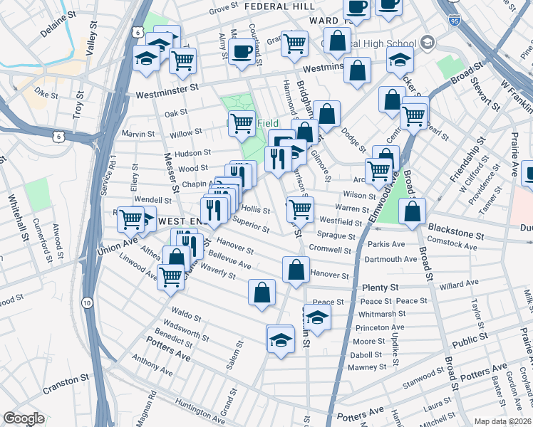 map of restaurants, bars, coffee shops, grocery stores, and more near 12 Hollis Street in Providence