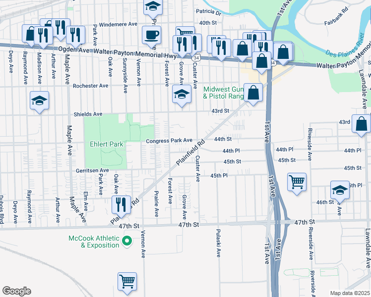 map of restaurants, bars, coffee shops, grocery stores, and more near 8827 Congress Park Avenue in Brookfield