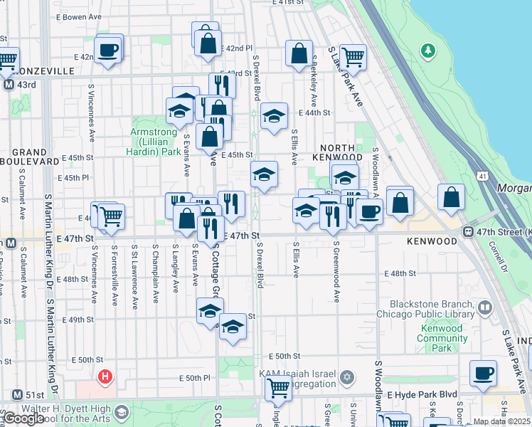 map of restaurants, bars, coffee shops, grocery stores, and more near 925 East 46th Street in Chicago