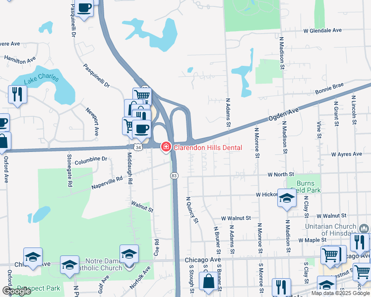 map of restaurants, bars, coffee shops, grocery stores, and more near 508 North Quincy Street in Hinsdale