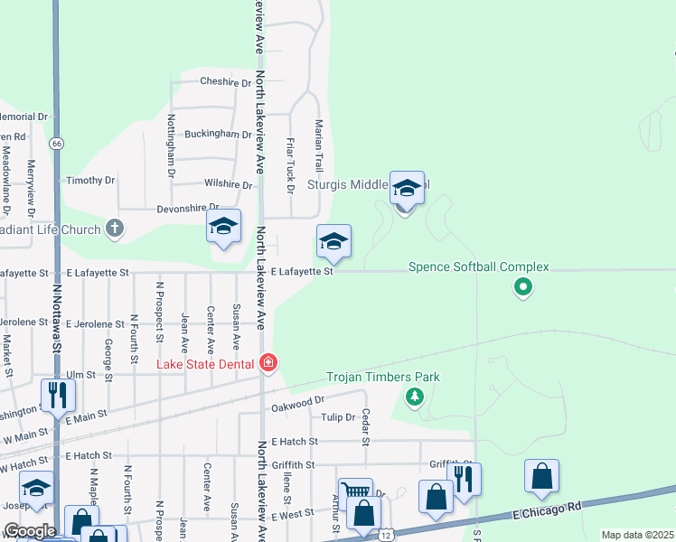 map of restaurants, bars, coffee shops, grocery stores, and more near 1400 East Lafayette Street in Sturgis