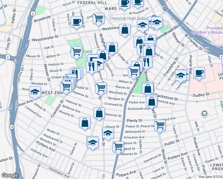 map of restaurants, bars, coffee shops, grocery stores, and more near 59 Warren Street in Providence