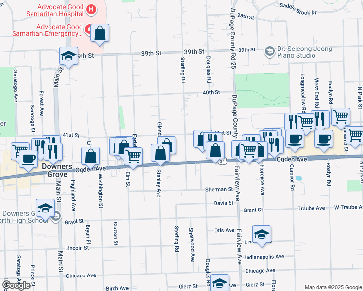 map of restaurants, bars, coffee shops, grocery stores, and more near 4120 Sterling Road in Downers Grove