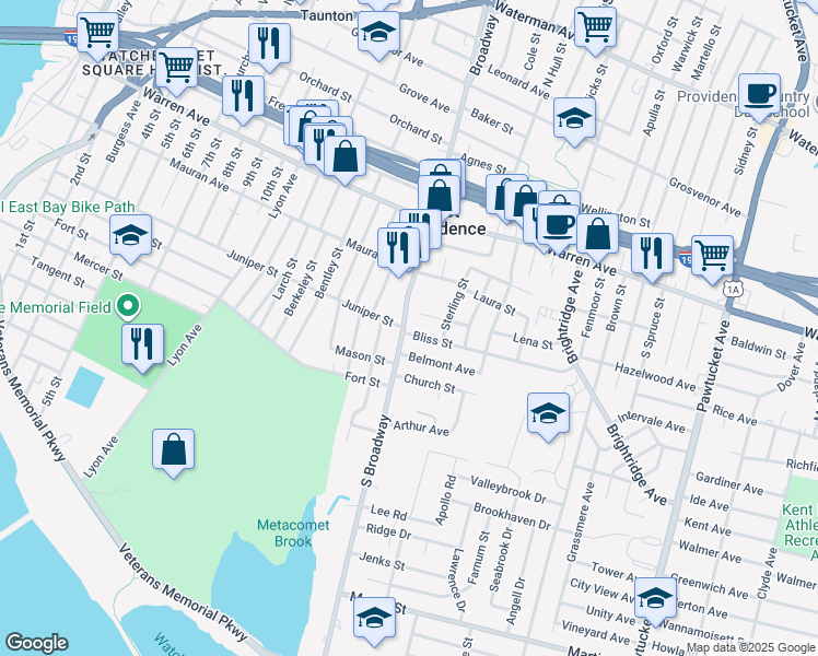 map of restaurants, bars, coffee shops, grocery stores, and more near 1079 South Broadway in East Providence