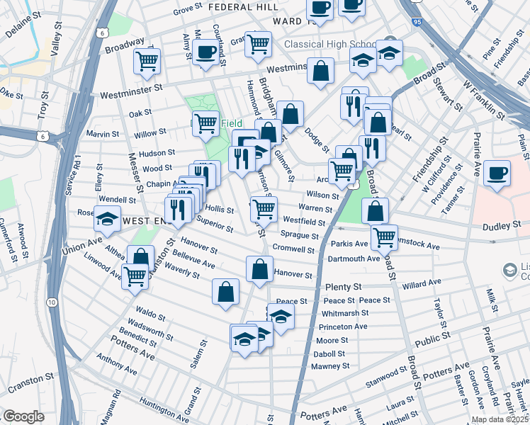 map of restaurants, bars, coffee shops, grocery stores, and more near 79 Warren Street in Providence