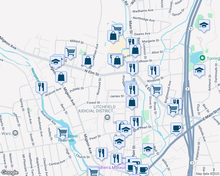 map of restaurants, bars, coffee shops, grocery stores, and more near 70 North Street in Torrington