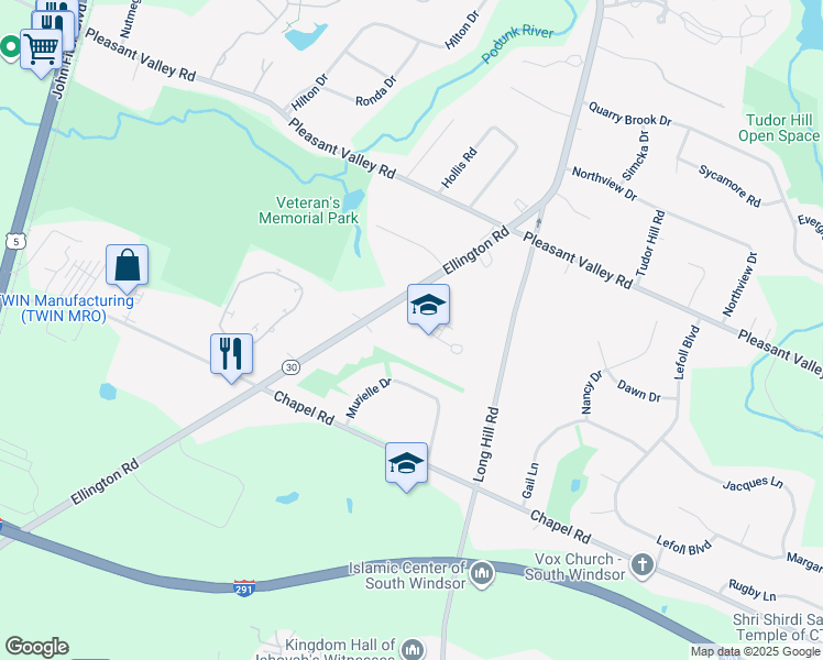 map of restaurants, bars, coffee shops, grocery stores, and more near 591 Ellington Road in South Windsor