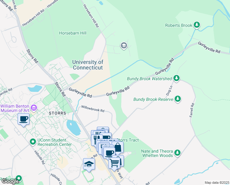 map of restaurants, bars, coffee shops, grocery stores, and more near 141 Gurleyville Road in Mansfield