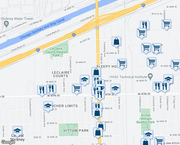 map of restaurants, bars, coffee shops, grocery stores, and more near 4520 South La Crosse Avenue in Chicago