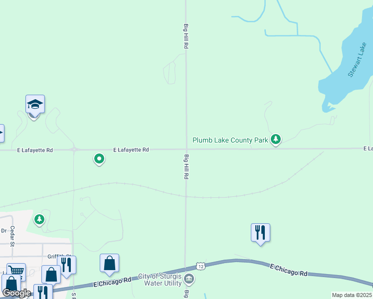 map of restaurants, bars, coffee shops, grocery stores, and more near 29000 East Lafayette Road in Sturgis