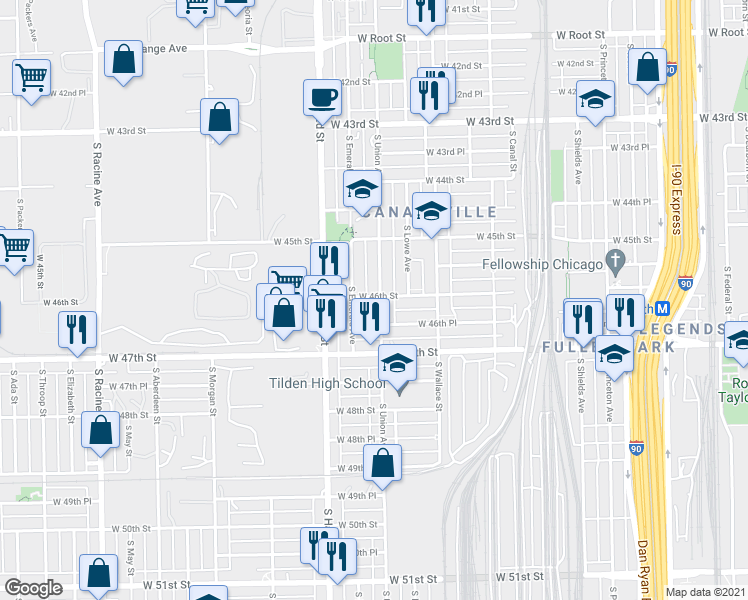 map of restaurants, bars, coffee shops, grocery stores, and more near 4600 South Union Avenue in Chicago