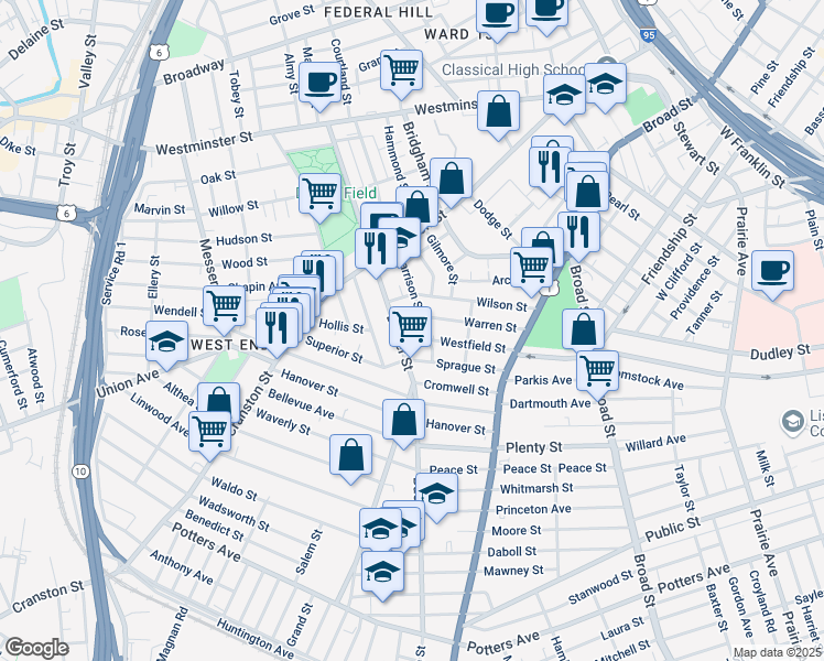map of restaurants, bars, coffee shops, grocery stores, and more near 79 Warren Street in Providence