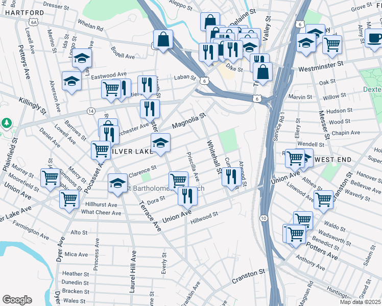 map of restaurants, bars, coffee shops, grocery stores, and more near 89 Clarence Street in Providence