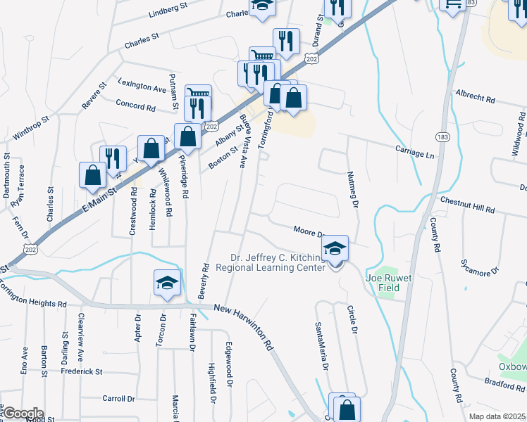 map of restaurants, bars, coffee shops, grocery stores, and more near 73 Lyman Drive in Torrington