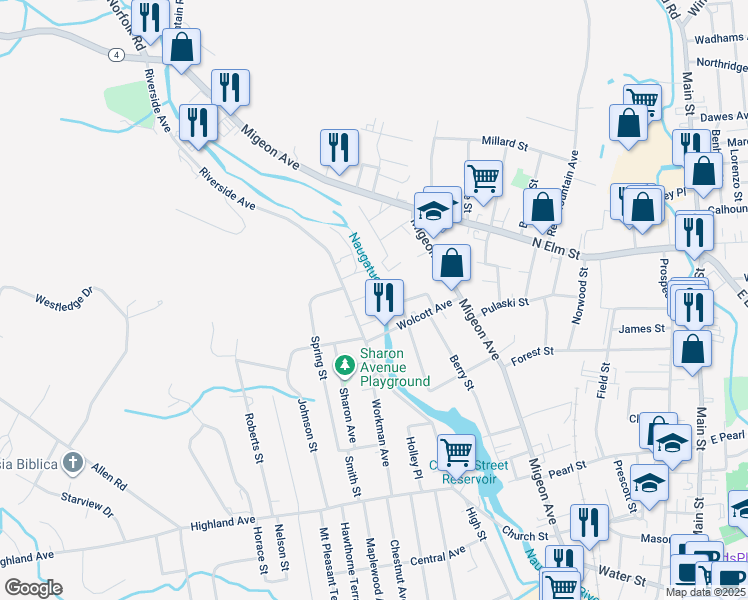 map of restaurants, bars, coffee shops, grocery stores, and more near 39 Lawn Street in Torrington