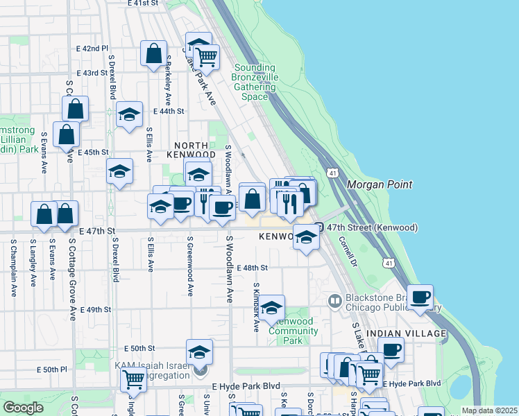 map of restaurants, bars, coffee shops, grocery stores, and more near 1232 East 46th Street in Chicago