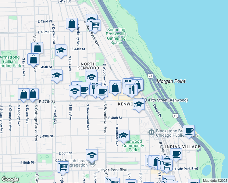 map of restaurants, bars, coffee shops, grocery stores, and more near 1232 East 46th Street in Chicago