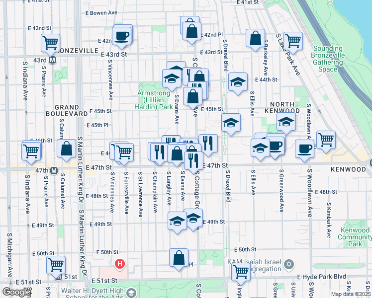 map of restaurants, bars, coffee shops, grocery stores, and more near 4611 South Evans Avenue in Chicago