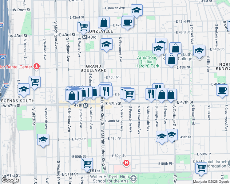 map of restaurants, bars, coffee shops, grocery stores, and more near 433 East 46th Street in Chicago