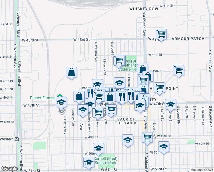 map of restaurants, bars, coffee shops, grocery stores, and more near 4535 South Honore Street in Chicago