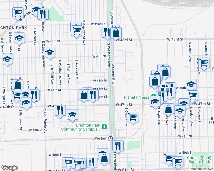 map of restaurants, bars, coffee shops, grocery stores, and more near 2421 West 45th Place in Chicago