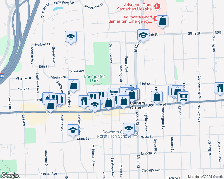 map of restaurants, bars, coffee shops, grocery stores, and more near 4221 Saratoga Avenue in Downers Grove