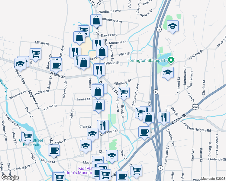 map of restaurants, bars, coffee shops, grocery stores, and more near 40 Winthrop Street in Torrington
