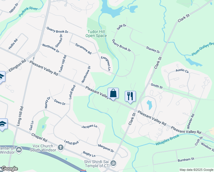 map of restaurants, bars, coffee shops, grocery stores, and more near 960 Pleasant Valley Road in South Windsor