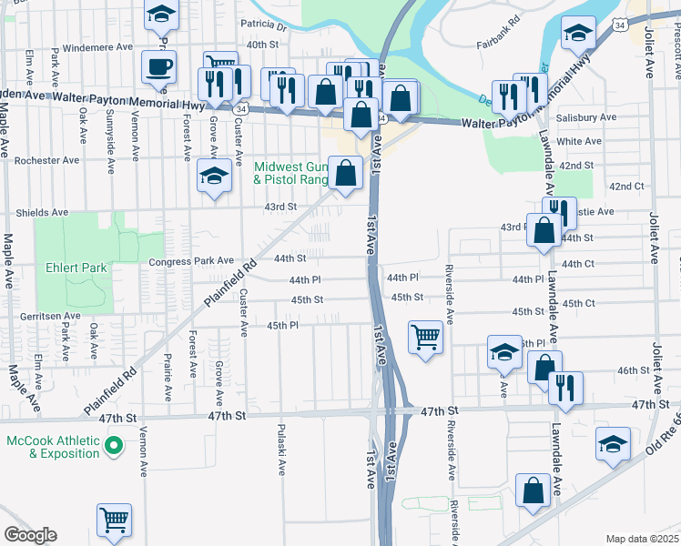 map of restaurants, bars, coffee shops, grocery stores, and more near 8607 44th Street in Lyons