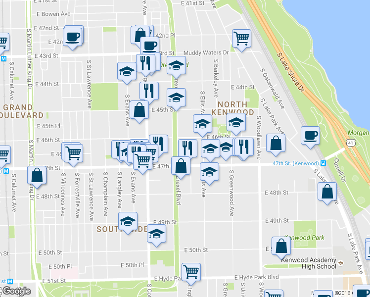 map of restaurants, bars, coffee shops, grocery stores, and more near 925 East 46th Street in Chicago