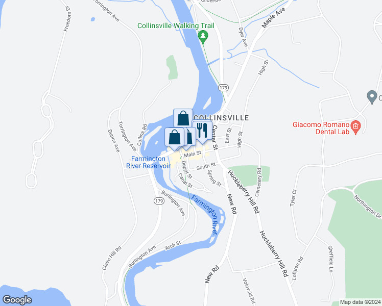 map of restaurants, bars, coffee shops, grocery stores, and more near 112 Main Street in Canton