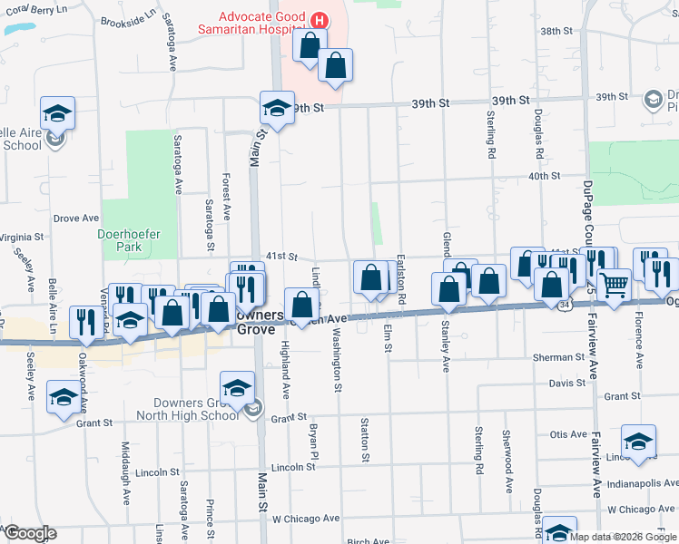 map of restaurants, bars, coffee shops, grocery stores, and more near 4213 Washington Street in Downers Grove