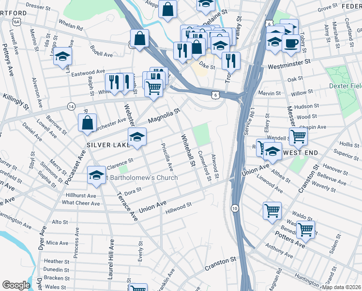map of restaurants, bars, coffee shops, grocery stores, and more near 70 Whitehall Street in Providence