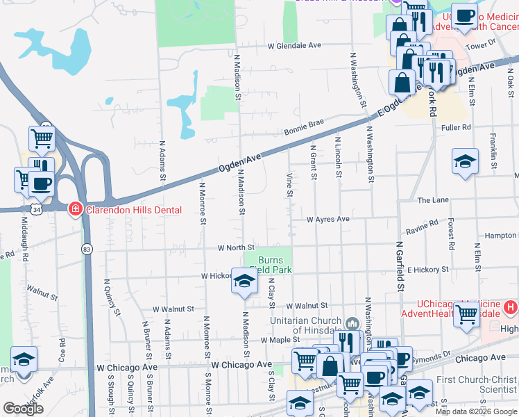 map of restaurants, bars, coffee shops, grocery stores, and more near 409 Warren Terrace in Hinsdale