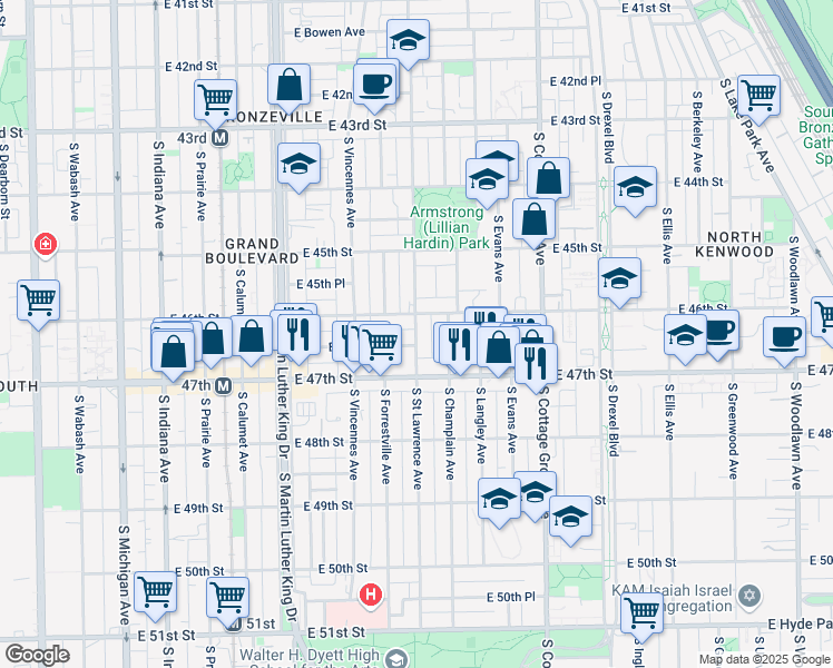 map of restaurants, bars, coffee shops, grocery stores, and more near 545 East 46th Street in Chicago
