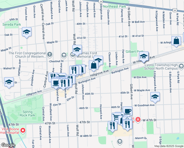 map of restaurants, bars, coffee shops, grocery stores, and more near 504 Hillgrove Avenue in Western Springs