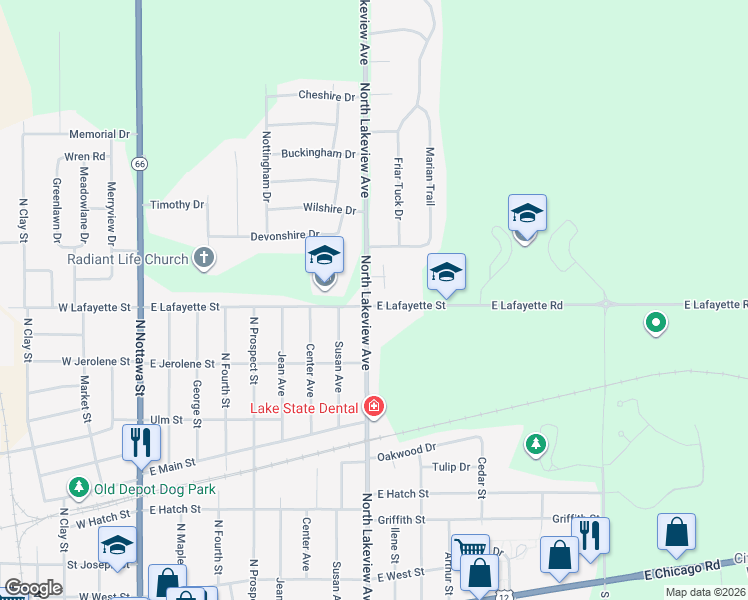 map of restaurants, bars, coffee shops, grocery stores, and more near 900 East Lafayette Street in Sturgis