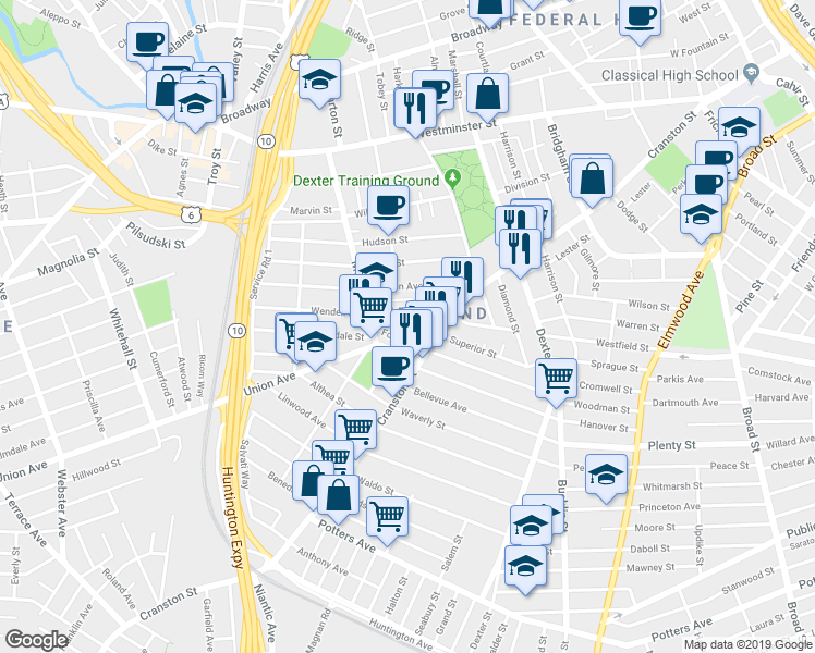 map of restaurants, bars, coffee shops, grocery stores, and more near 81 Wendell Street in Providence