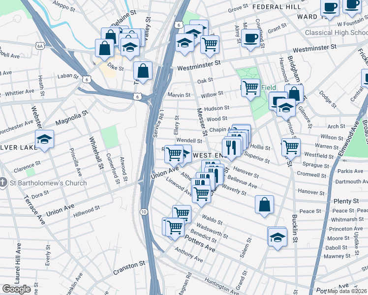 map of restaurants, bars, coffee shops, grocery stores, and more near 152 Wendell Street in Providence