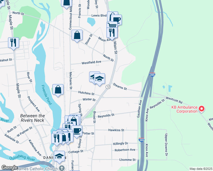 map of restaurants, bars, coffee shops, grocery stores, and more near 1767 Upper Maple Street in Killingly