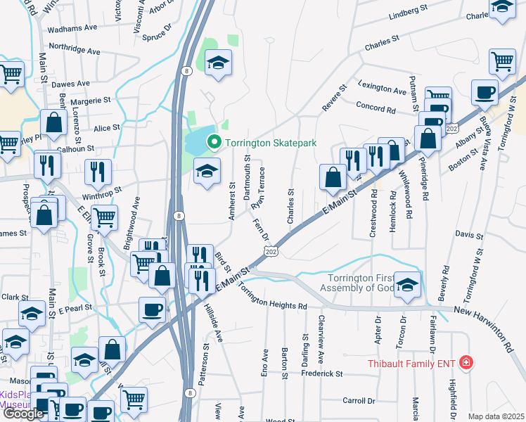 map of restaurants, bars, coffee shops, grocery stores, and more near 11 Ryan Terrace in Torrington