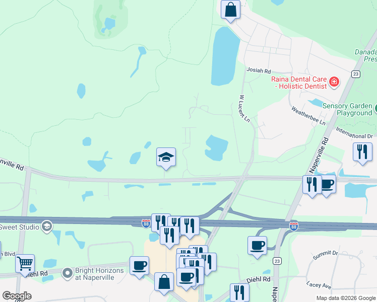map of restaurants, bars, coffee shops, grocery stores, and more near 1151 Warrenville Road in Naperville
