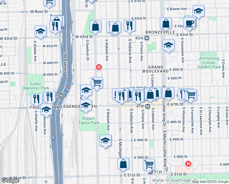 map of restaurants, bars, coffee shops, grocery stores, and more near 59 East 46th Street in Chicago