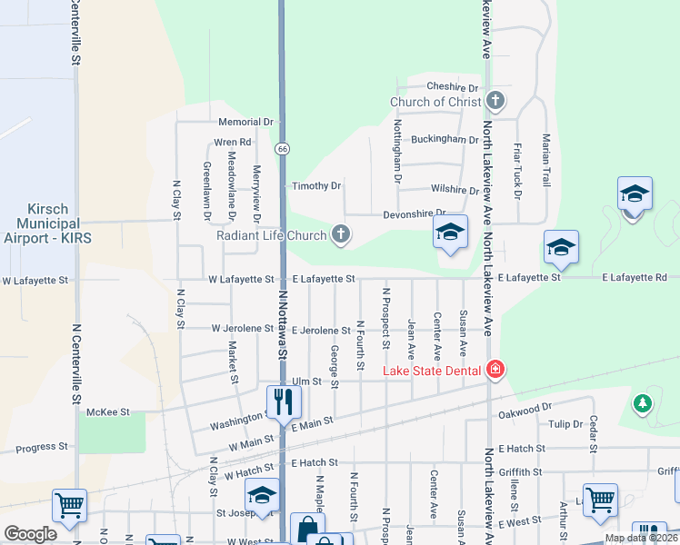 map of restaurants, bars, coffee shops, grocery stores, and more near 300 East Lafayette Street in Sturgis