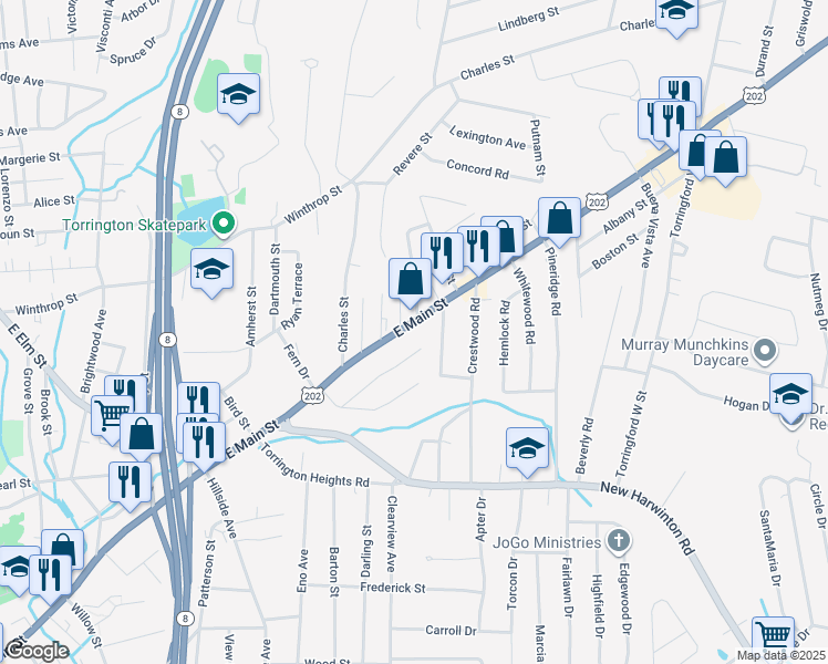 map of restaurants, bars, coffee shops, grocery stores, and more near 800 East Main Street in Torrington