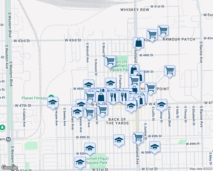 map of restaurants, bars, coffee shops, grocery stores, and more near 4541 South Wood Street in Chicago