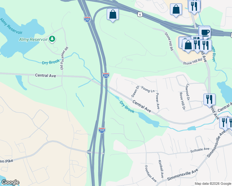 map of restaurants, bars, coffee shops, grocery stores, and more near 618 Central Avenue in Johnston