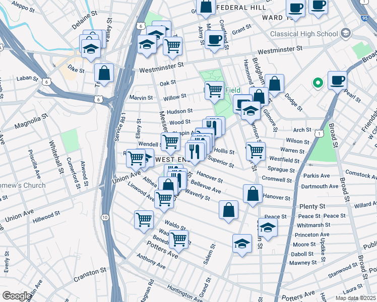 map of restaurants, bars, coffee shops, grocery stores, and more near 152 Superior Street in Providence